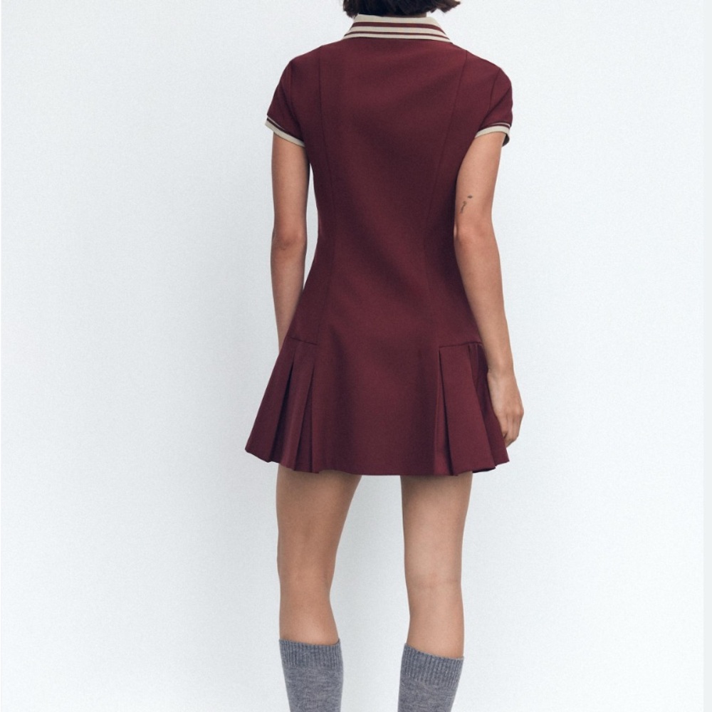ZARA Women’s Pleated Burgundy Dress Size L | Structured Fit & Flare Maroon - Picture 3 of 11